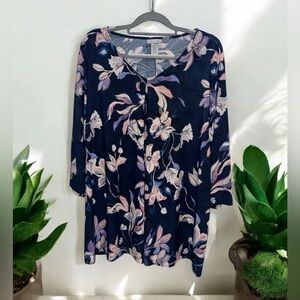 Catherines Women’s Floral V-Neck Stretch Blouse Plus Size 2X Top 3/4 Sleeve